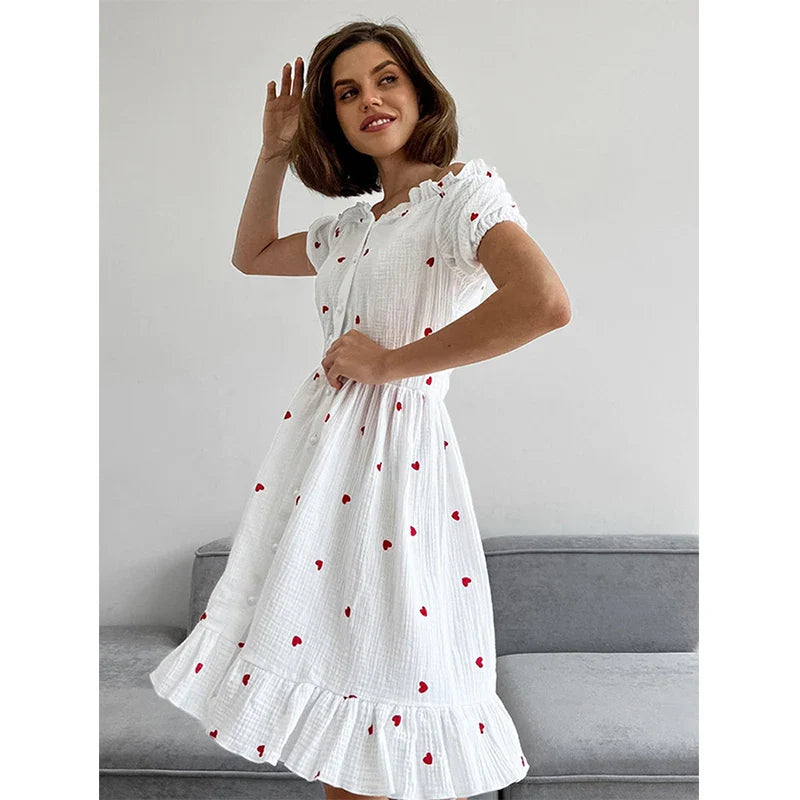 vmtvr  -  Original Crepe Cotton Hemp Love Printed Dress Spring and Summer Women's Slash Neck Bubble Sleeves Leisure Vacation Beach Dress