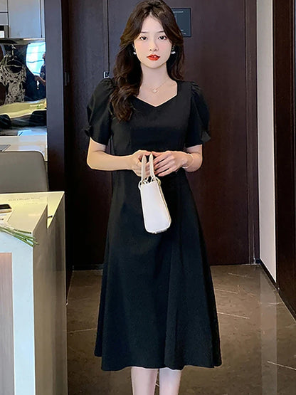 vmtvr Summer Pink Puff Sleeve Square Collar Midi Dresses Women Korean Vintage Hepburn Dress 2024 Black Dresses for Official Occasions