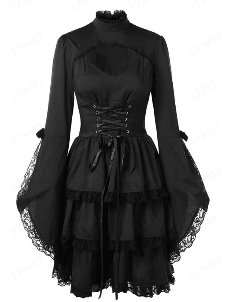 vmtvr  -  New Vintage Elegant Lace Up Goth Retro Party Dresses Women Gothic Punk Dress Y2K Long Flare Sleeve Sexy Black Mesh Sawing  Dress