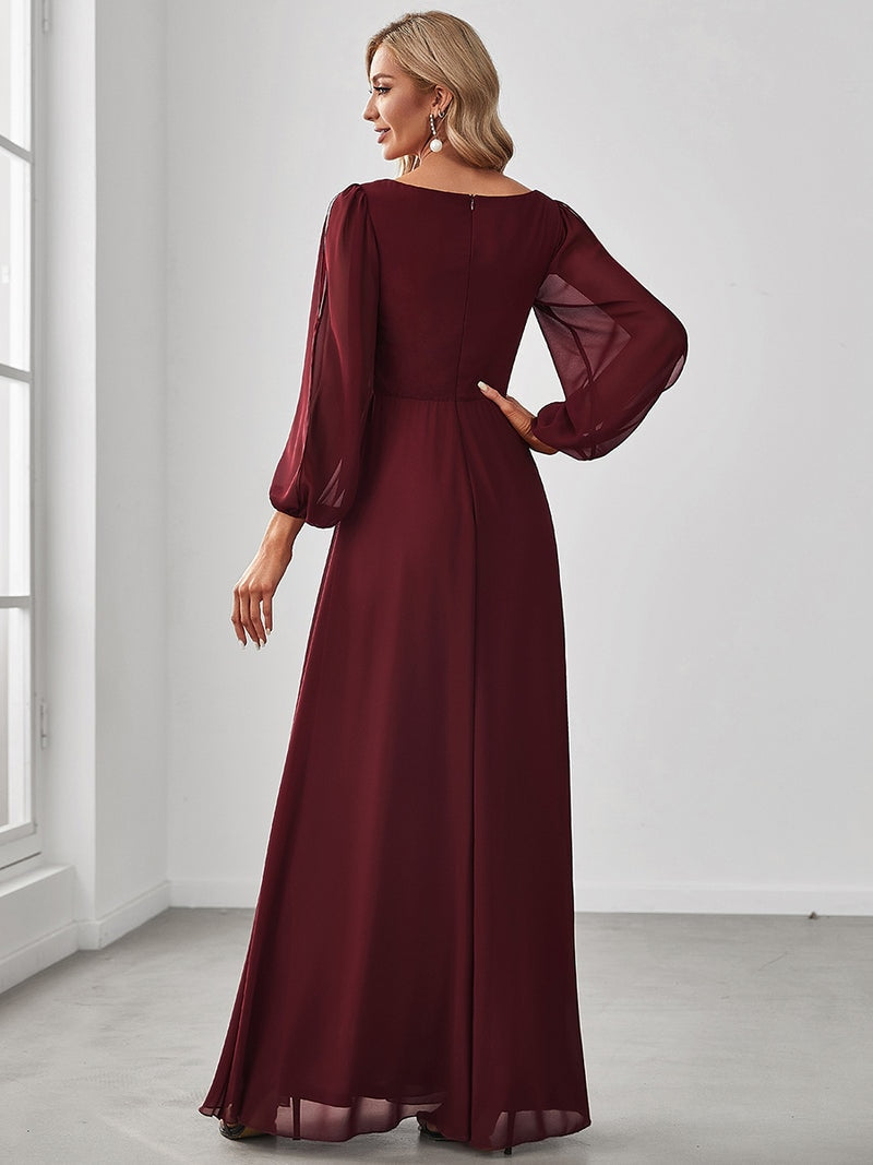 vmtvr - Elegant Evening Dresses Long Lantern Sleeves V-neck 2023 ever pretty of A-LINE Chiffon Burgundy flower beltbelt Prom Dress Women