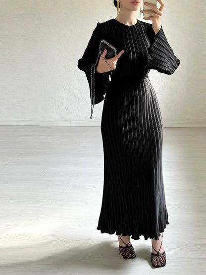 vmtvr  -  Elegant Pleated Maxi Dresses Women Fashion Belt Solid Flare Sleeve O-neck Dress Female Spring Summer Ruffles Robe Outwear