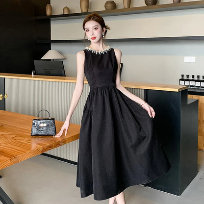 vmtvr  -  Elegant Black Midi Dress for Women Summer New Fashion Sleeveless A-line Pleated Solid Office Casual Korean Female Clothing