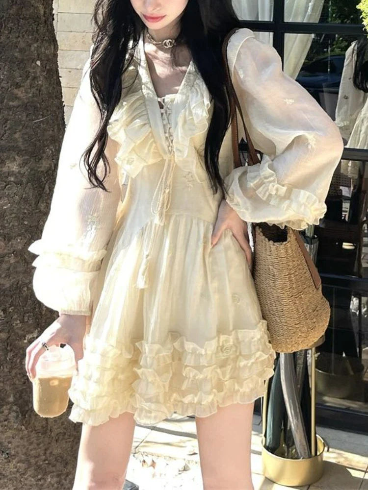 vmtvr Sweet Ruffle Fairy Mini Dress Women Sexy V-neck Korean Style Princess Dress Autumn Design Elegant Women's Dresses for Party