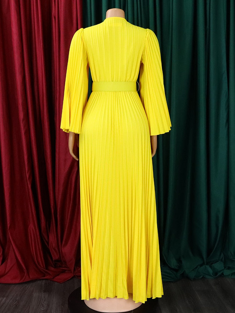 vmtvr Sexy V-Neck Pleated Dinner Party Dress Women Yellow Elegant  with Belt Long Sleeve Robe Femme African Maxi Red Vestido