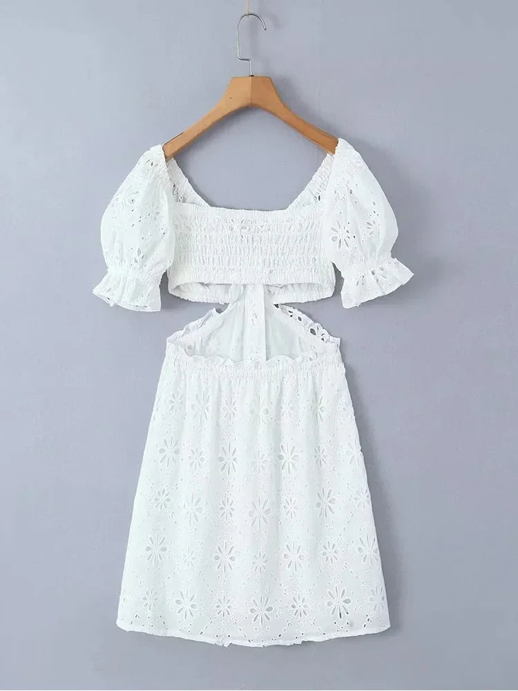 vmtvr  -  White Lace Cotton Dress V Neck Off Shoulder Sexy Beach Short Dress Summer Women Buttons Cut Out Mini Beach Sundress