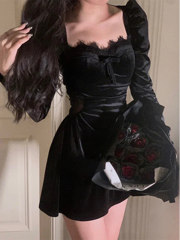 2024 Black Velvet Midi Dress Casual Korean Fashion Elegant Party Dress Woman Long Sleeve Vintage Lace Dress Slim Design