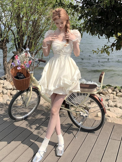 vmtvr -  Summer Chiffion Elegant Midi Dress Women Kawaii Clothing Short Sleeve Beach Style Party Dress Office Lady Korean Fashion