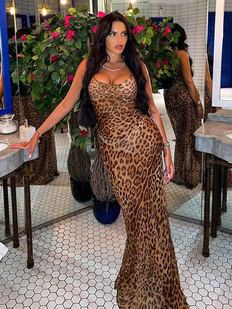 vmtvr Leopard Print V-Neck Sexy Bodycon Long Dress Women Lace Up Backless Summer Dresses Female Straps Party Beach Vestidos