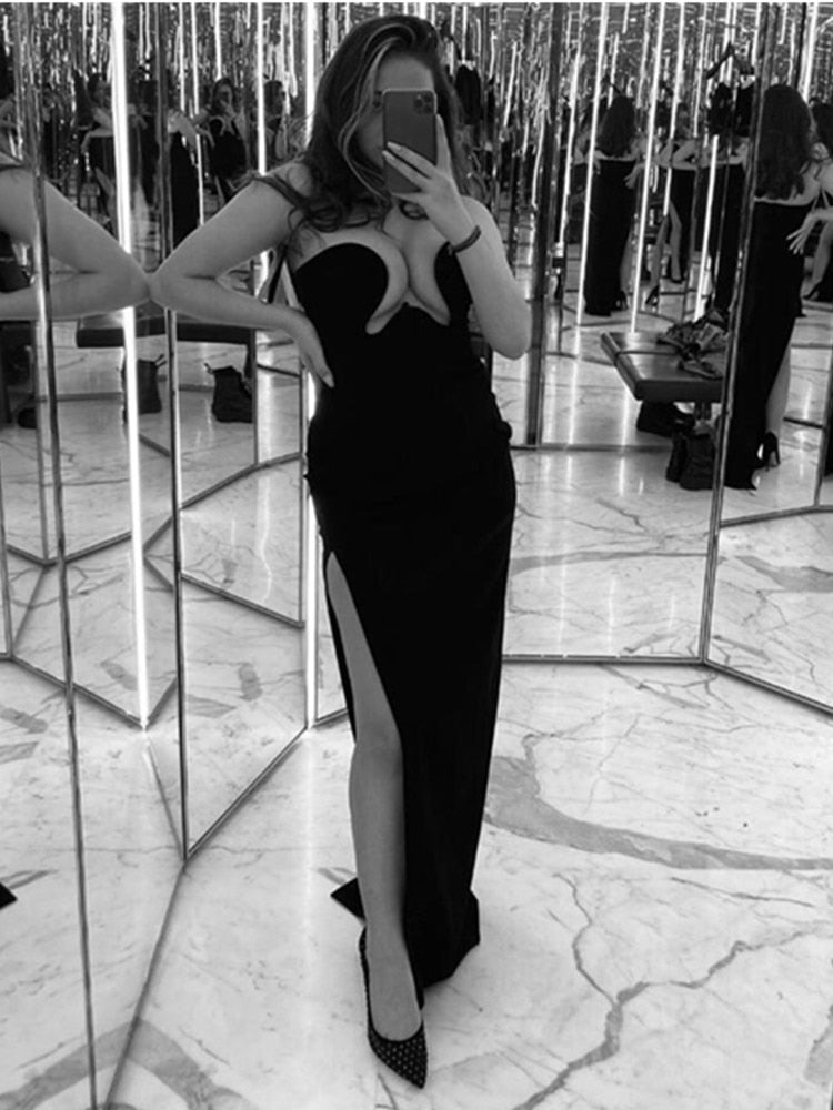 Women Winter Sexy Strapless Backless Split Black Maxi Long Bodycon Bandage Dress 2023 Elegant Evening Party Club Dress Vestidos