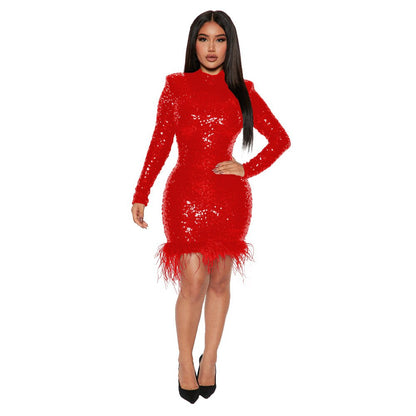 vmtvr - Fashion Sexy Bodycon Birthday Party Dress for Women  Spring Long Sleeve Feather Sequins Short Evening Dresses Black Red