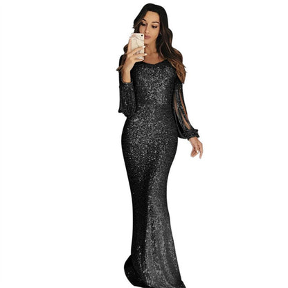 Women Elegant Mature Evening Gowns Fashion Shiny Sequins Decoration Fringed Long Sleeve Dressy Ladies Commuter Wrap Hip Dresses