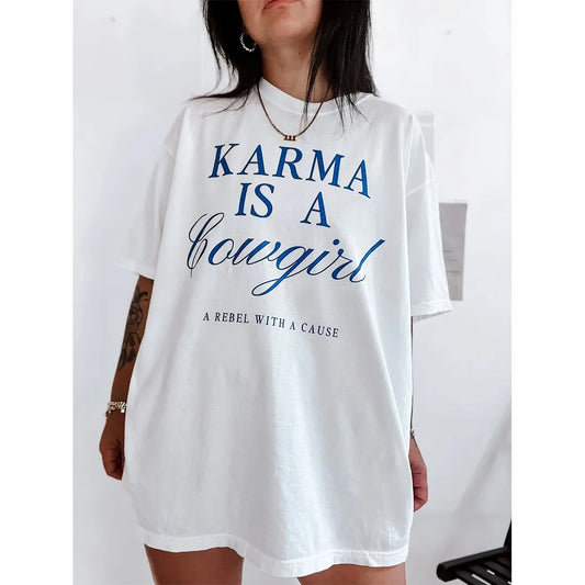 -Retro sports style outfit streetwear 90s fashion Karma Is A Cowgirl Letters Printing Vintage Style White T Shirts Women Short Sleeve Oversized Thick Cotton Tops Ins Western Tees