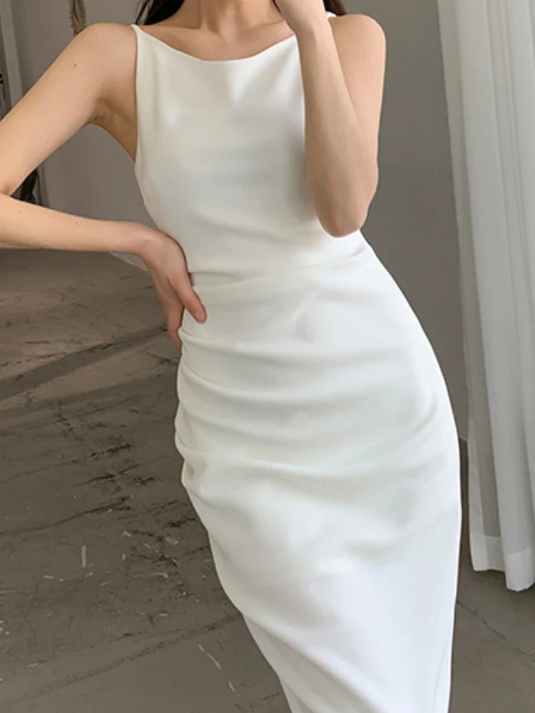 vmtvr Spaghetti Strap Elegant Midi Women Summer White Dress Sleeveless Sexy Slim Bodycon Party Vestidos Female Fashion Prom Clothes