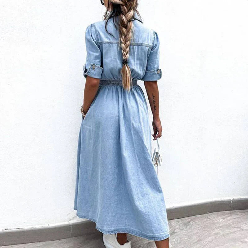 vmtvr New Turn-down Collar Short Sleeve Summer Dress Women's Single Breasted Pocket Casual Dress Denim High Waist Pleated 2024 Dresses