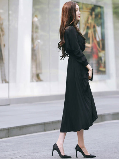 vmtvr Elegant Chiffon Long Sleeve Shirt Dress Women Belt Lace Up A-line Pleated Maxi Dress Korean Fashion Fall Clothes Streetwear