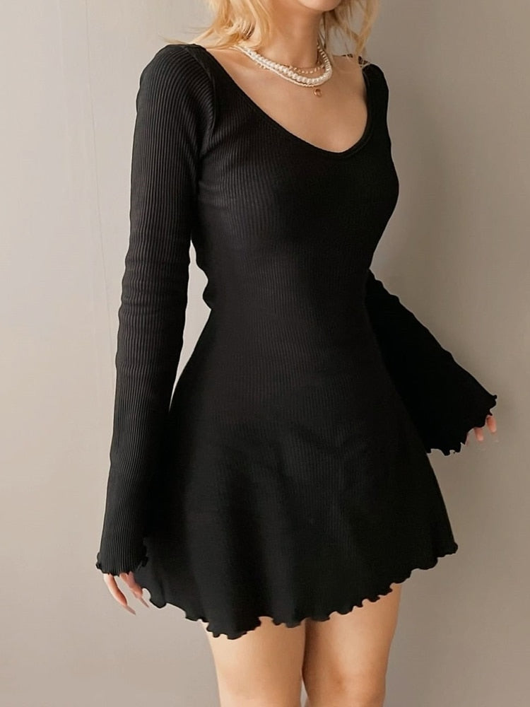 vmtvr - Casual Frill Long Sleeve Black Female Dress Slim Spring Autumn Mini Dresses Basic Fashion Elegant Outfits Korean Chic