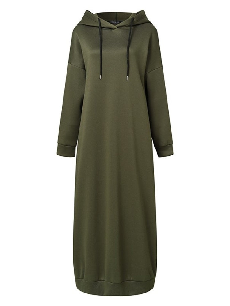 Women Muslim Dress Sweatshirt Dress  Stylish Hoodies Long Sleeve Maxi Dress Female Casual Solid Hooded Vestidos Robe