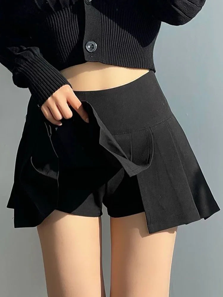 vmtvr Korean Sexy Slit Pleated Mini Skirt Women Fashion High Waist Preppy Style A Line Skirt Summer Solid Color Zipper Skirt New