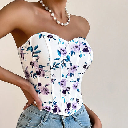 vmtvr Women's Summer Floral Printed Corset Tops Sexy Strapless Bodyshaper Bustier Crop Top Female Fashion Slim Back Hook Tank Tops