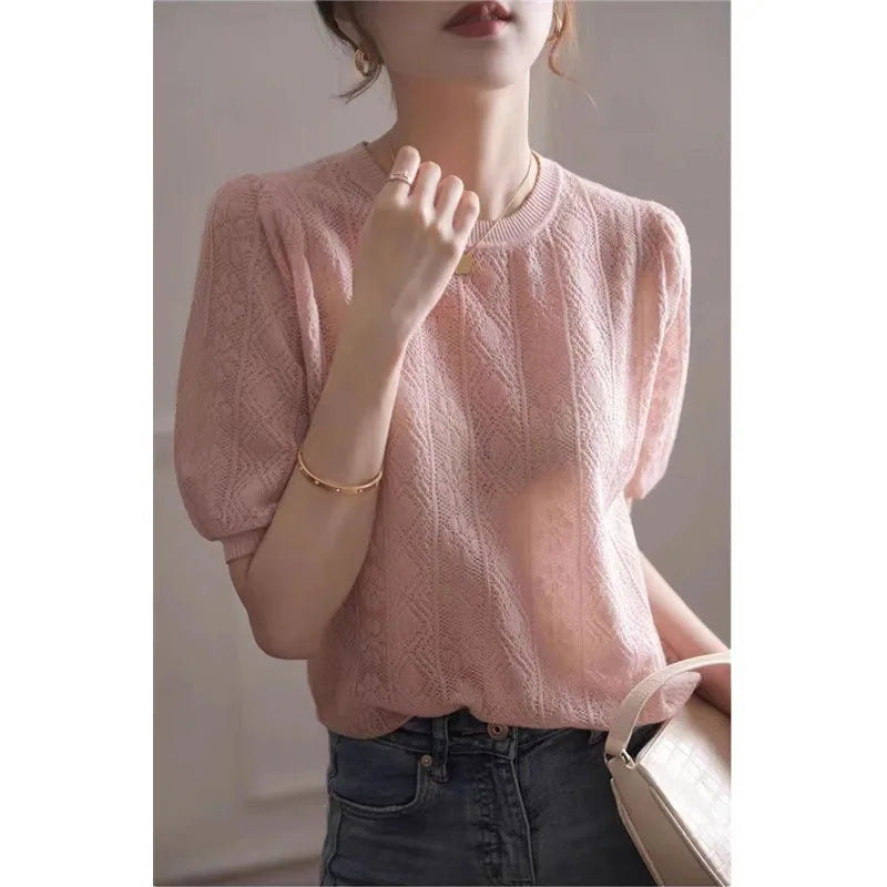 vmtvr European goods new hollow thin short-sleeved knitwear women's summer loose  temperament round neck half-sleeved T-shirt