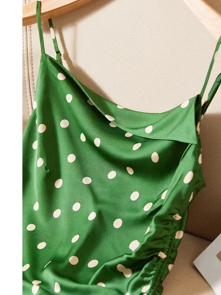 vmtvr - Summer Green Polka Dot Sexy Sundress for Women 2024 Elegant Dresses Shirring Lace-Up Sleeveless Midi Beach Dress