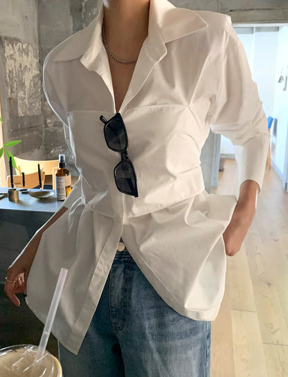 vmtvr Women Lapel White Bow Blouses Office Ladies Long Sleeve Single-breasted Loose Female Shirts Spring  Summer 2024