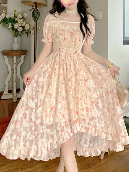 vmtvr Summer Floral Print Dress Women Lace Boho Kawaii Party Dress Female Casual Korean Fashion Holiday Lolita Elegant Midi Dress