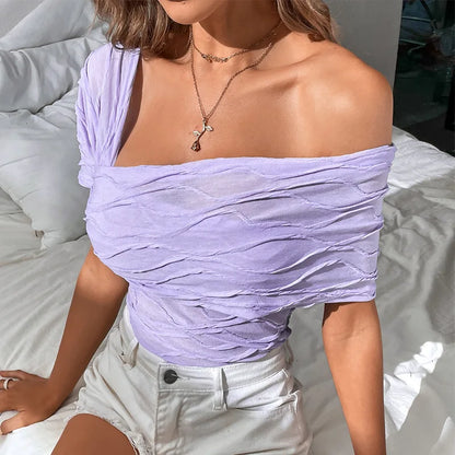 vmtvr Sexy Off Shoulder Women T Shirts American Style Fashion Patchwork Slim Tops Summer Casual Female All Match Folds Slim Tees