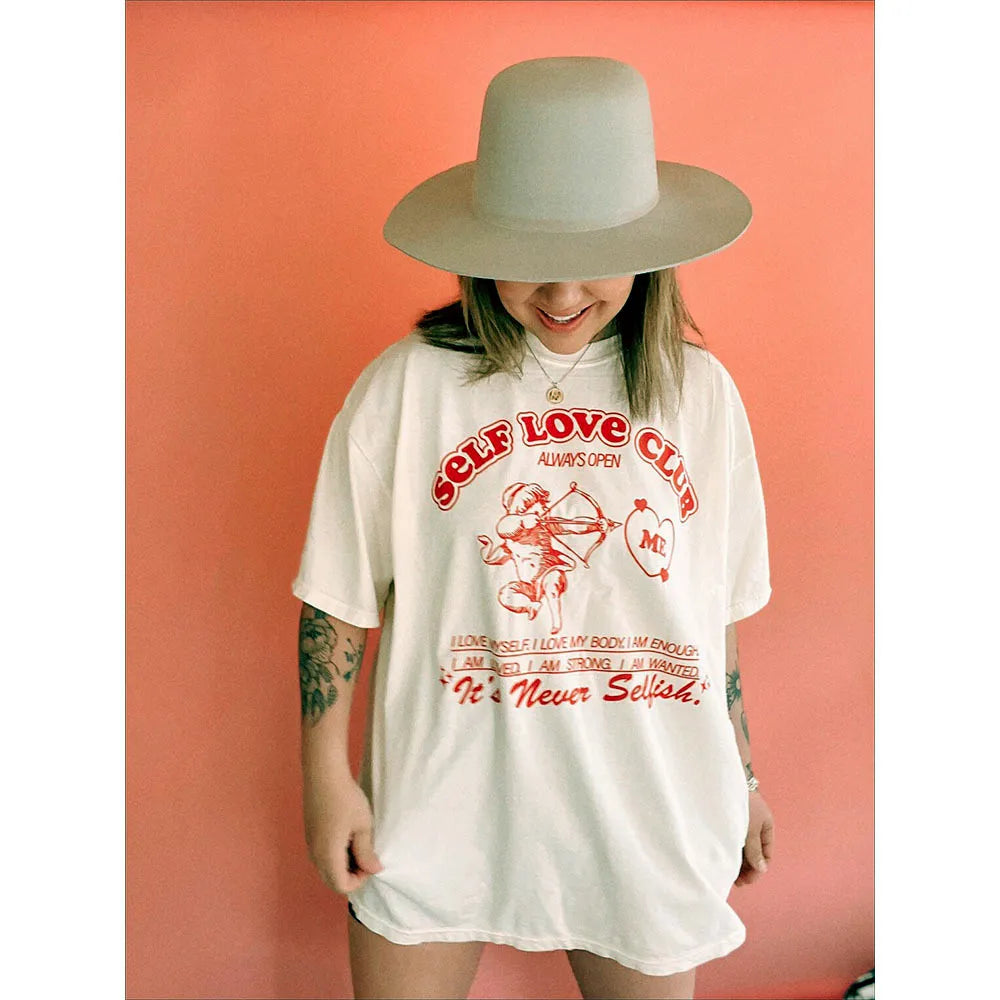 -Retro sports style outfit streetwear 90s fashion Self Love Club Women Oversized T Shirts Short Sleeve Crewneck Thick Cotton Angel Printing Tees Ins Street Fashion Cool Tops