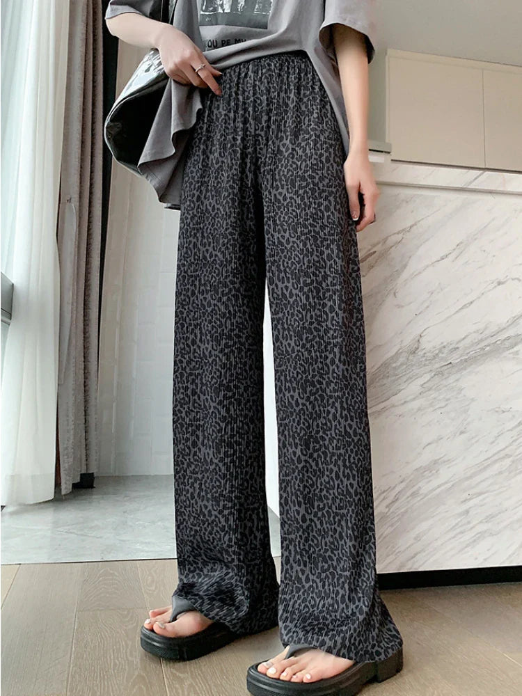 vmtvr Ice Silk Wide Leg Pants for Women High Waist Summer Straight Pant Full-length Cool Leopard Print Loose Casual Women's Long Pants