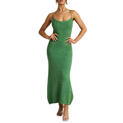 vmtvr Elegant Women's Summer Long Knitted Slip Dress Solid Color Low Cut Knit Spaghetti Strap Sexy New Slim Evening Beach Dresses