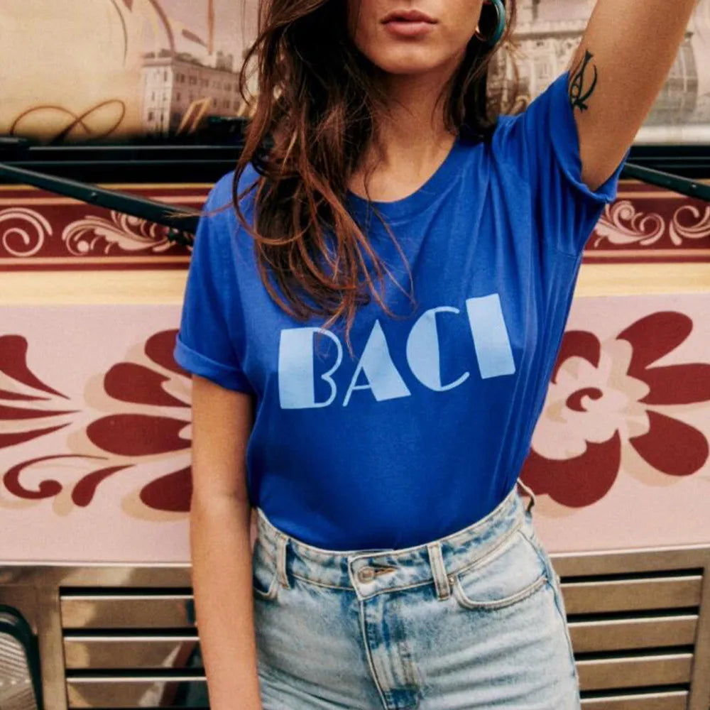 -Retro sports style outfit streetwear 90s fashion BACI French Retro Letters Printing Elegant T Shirts Women Summer Short Sleeve Loose Cotton Casual Tops Ins Fashion Chic Tees