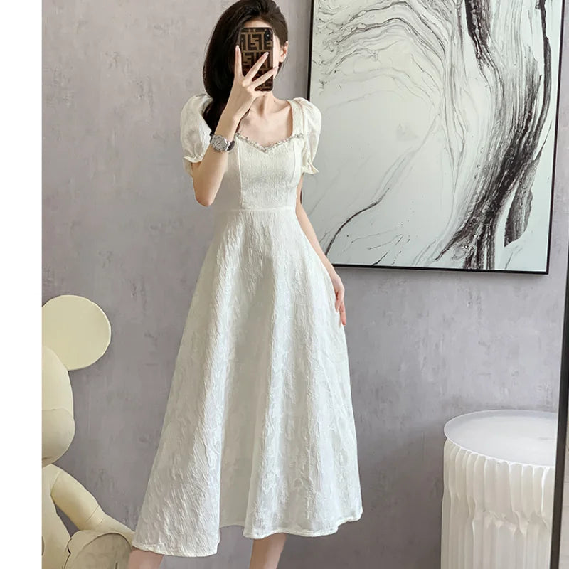 vmtvr  -  Elegant Fashion Evening Party Midi Dresses for Women Summer New Square Neck Short Sleeves A-line Casual Female Clothing