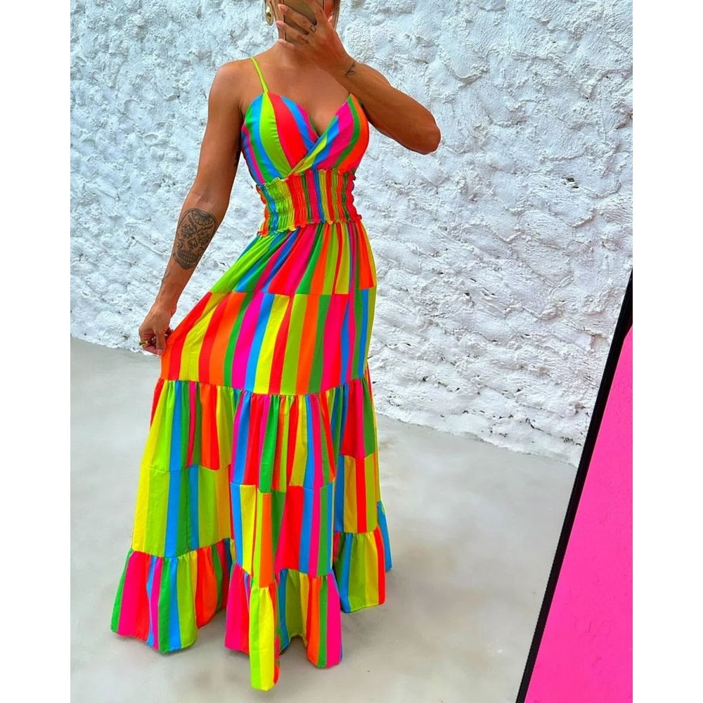 Sexy Women Colorblock V-Neck Spaghetti Strap Tie Detail Maxi Dress Summer Casual Ruched Shirring Waist New in Elegant Outfits