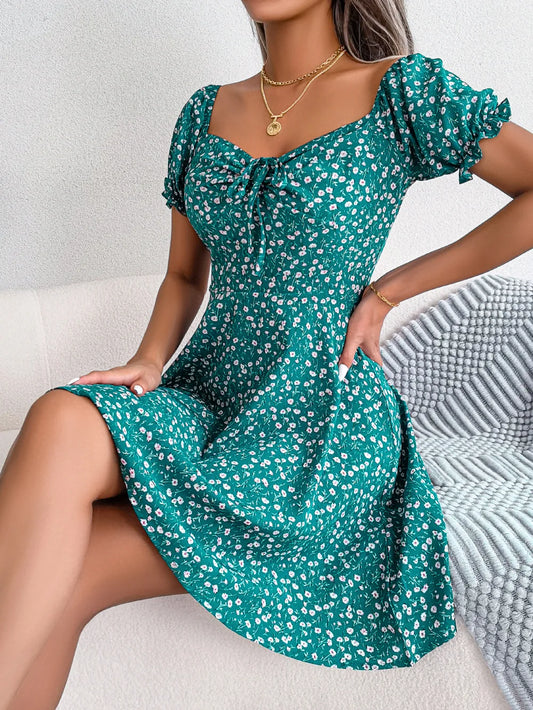 vmtvr  -  Square Collar Lace-up Waist Tight High-Waist Mini Dress Women Floral Print Puff Short Sleeve