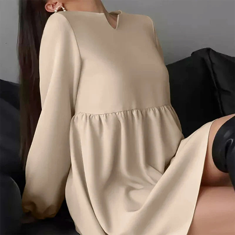 vmtvr Elegant O-neck Long Sleeve Waist Party Dress 2024 Spring Summer Casual Loose Mini Dress Women Fashion Pleated Solid A-Line Dress