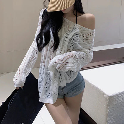 vmtvr Summer Sexy Hollow Out Knit Blouse Women Korean Fashion Lace Up Loose Sun Protection Shirts Casual Streetwear Female Tops