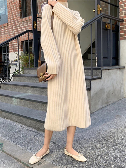 Thick Winter Women'S Dress Fall Sweater Women Dress Long Sleeve  Knitted Dresses Maxi Vintage Oversize Dresses Knitting