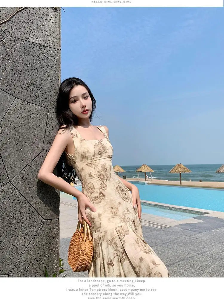 vmtvr Rose Floral Printing  Ruffles Slip Long Dresses Bohemian Backless Sleeveless Women Summer Beach Travel Party Wear Ladies Vintage