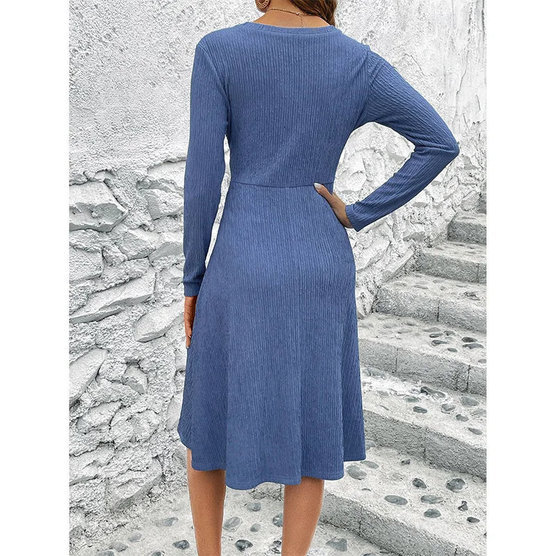 vmtvr  -  Casual V-Neck Pit Strip Long Sleeve Waist Retraction Spring Autumn Clothes Blue Pullover Knurling A-line Midi Dress for Women