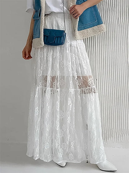 vmtvr White Printed Lace Maxi Skirt For Women High Waist Fashion See-Through Patchwork Summer 2024 Fashion Ladies Long Skirt New