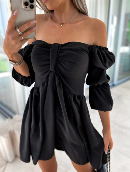 Women Elegant Lantern Half Sleeve Strapless Dress Sexy Off Shoulder Bow Pleat Loose Mini Dress Summer Casual Solid Beach Dress