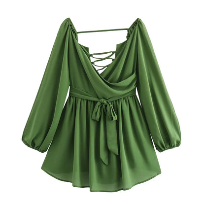 vmtvr Sexy Green Pleated Mini Dress for Women Elegant V-neck Split Long Sleeve A-line Dresses Summer Lady Solid Backless Lace Up Robes