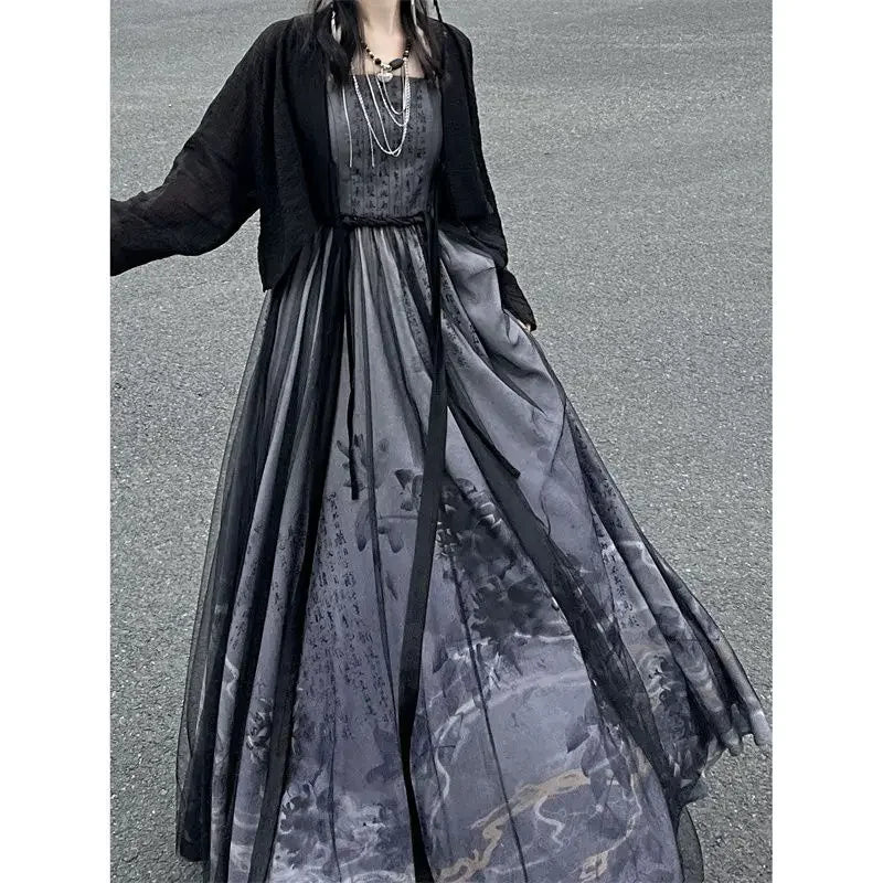 Summer Improved Chinese Traditional Black Printed Hanfu Dress Two Piece Set Women Gothic Modern Halloween Cosplay Costume