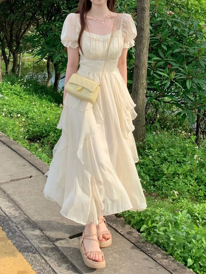 vmtvr  -  Summer Chiffon Fairy Dress Women Solid Elegant Party Midi Dress Female Casual Sweet Korean Fashion Pink Dress New Clothes