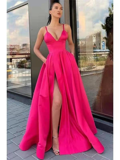 Sexy V- Neck Satin Prom Dresses Spaghetti Straps Side Slit Floor Length Evening Dress Party Dress Robe Soirée