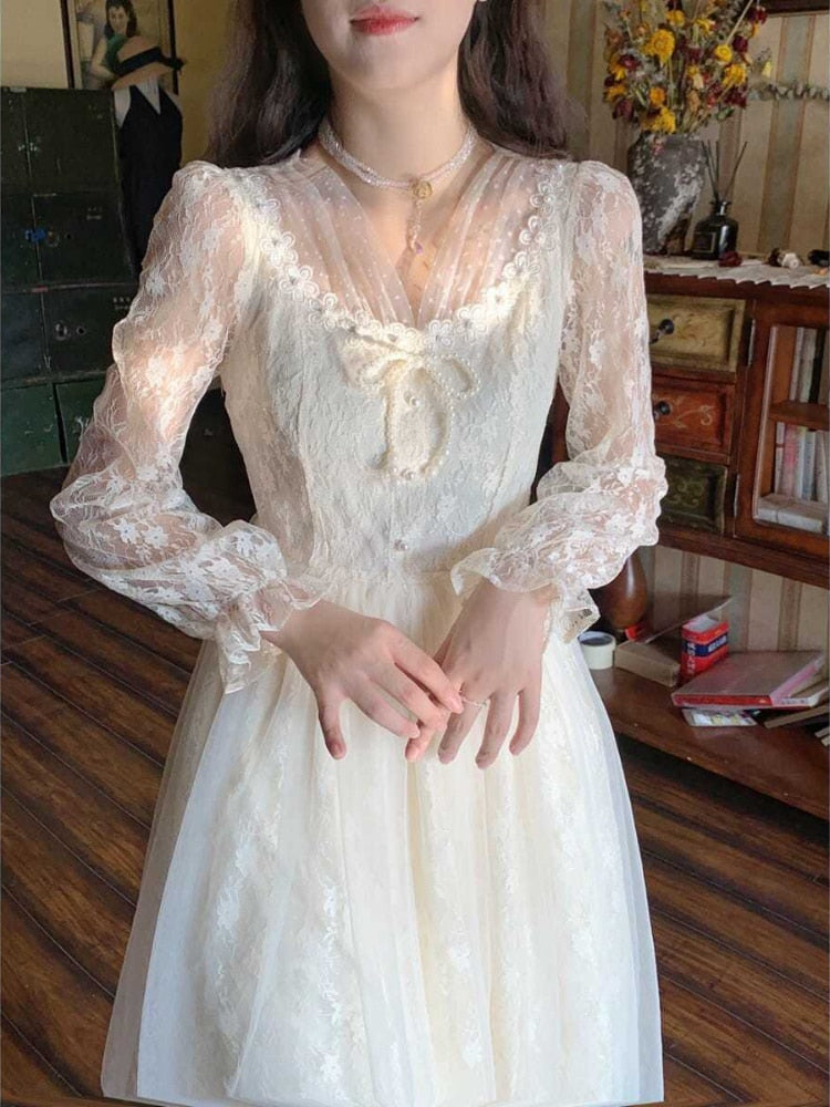 vmtvr France Elegant Sweet Dress Women Vintage Lace Party Midi Dresses Casual Slim Fit Holiday Fashion Long Sleeve Retro Dress 2023