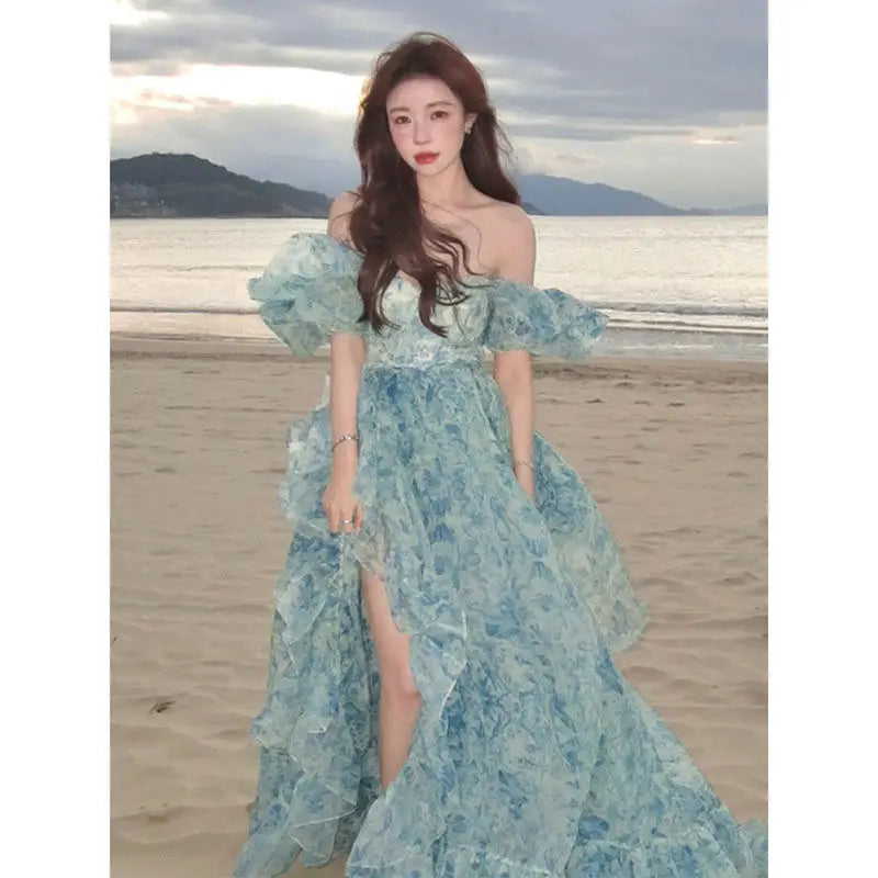 vmtvr Summer Vintage Fairy Floral Dress Women Casual Princess Long Split Dress Female Elegant Korean Evening Party Dress Ruffles