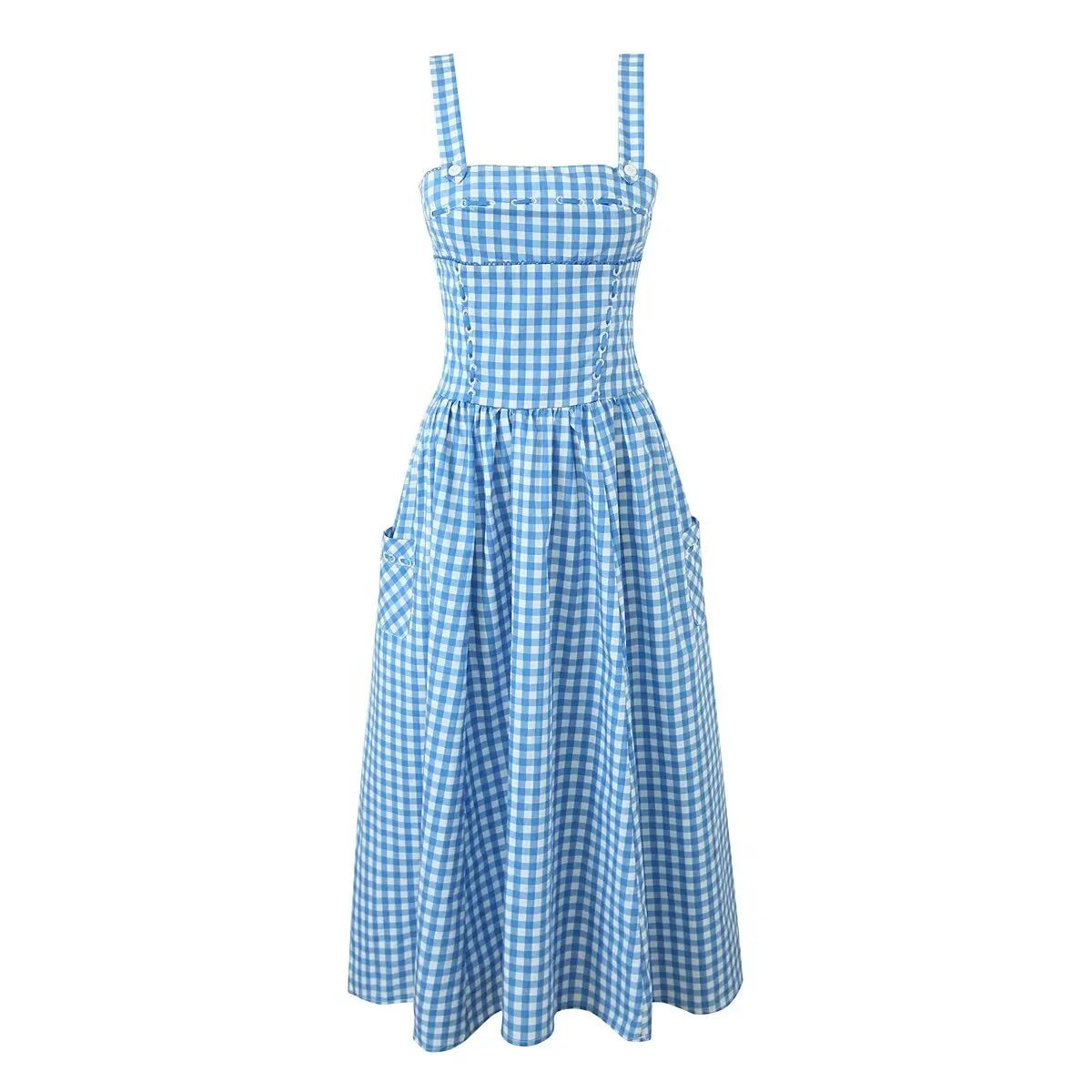 vmtvr  -  French Chic Plaid Maxi Dresse Blue Strappy Backless Pocket Sexy Summer Party Women Vocation Casual Loose Ladies Dress