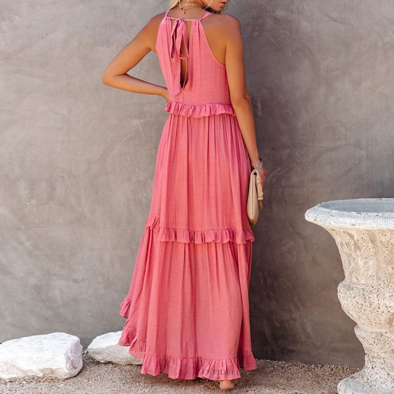 Summer Solid Color Ruffled Maxi Dress Layered Boho Floor Length Dress Irregular Sleeveless Holiday Vestidos Femme Halter Dress